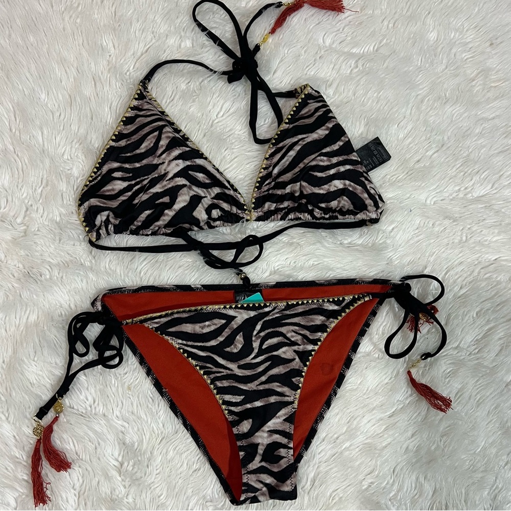 H&M Zebra Animal Print Bikini Set Tie Side Swim Size 10 / 14